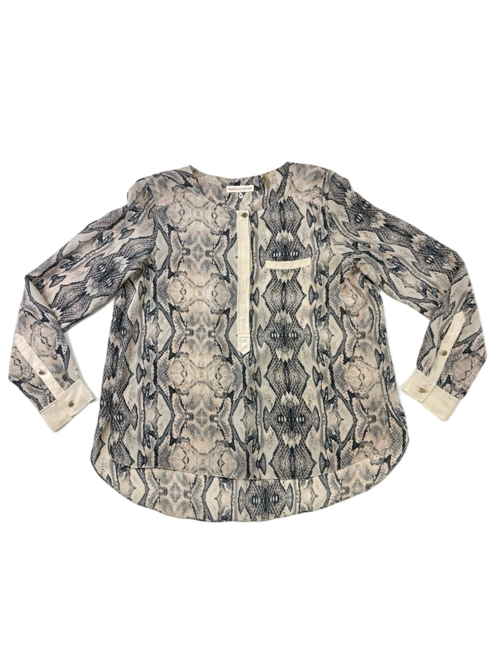 Rebecca Taylor python silk blouse blush grey long sleeve Size 6
Round neck hem